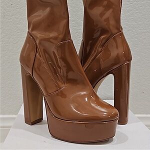 Aldo Brown Glossy Heeled Boots with Platform